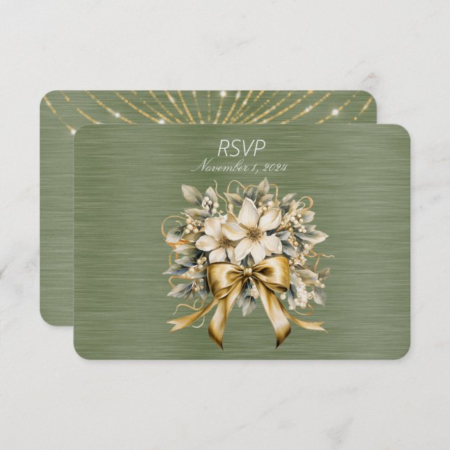 White Winterberry Green Leaf Gold Ribbon RSVP Karte (Vorne/Hinten)