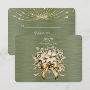 White Winterberry Green Leaf Gold Ribbon RSVP Karte