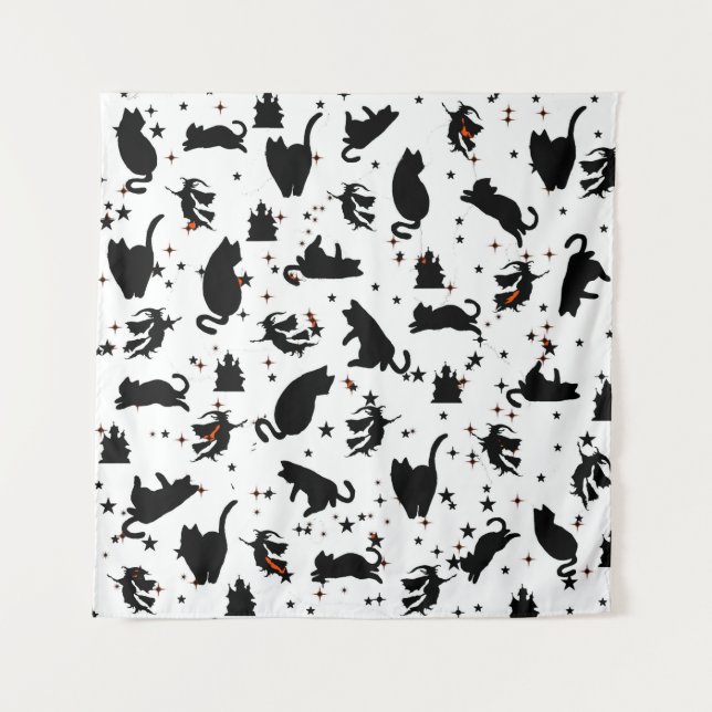 White Witchy Cats & Castle Tapestes Wandteppich (Vorderseite)