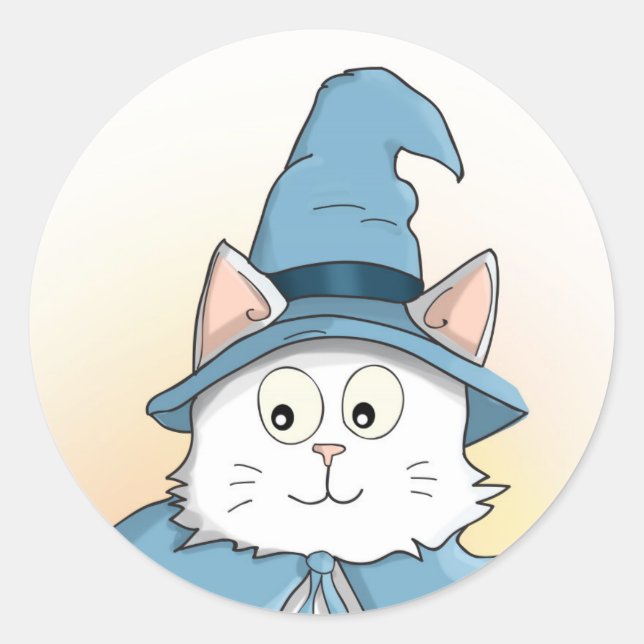 White Wizard Cat Cartoon Runder Aufkleber (Vorderseite)