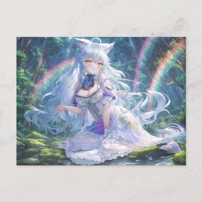 White Wolf Anime Girl Postcard | Fantasy Anime Art Postkarte (Vorderseite)