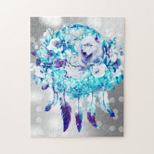 White Wolf Dreamcatcher Lila Blue Floral Puzzle