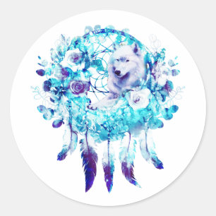 White Wolf Dreamcatcher Lila Blue Floral Runder Aufkleber