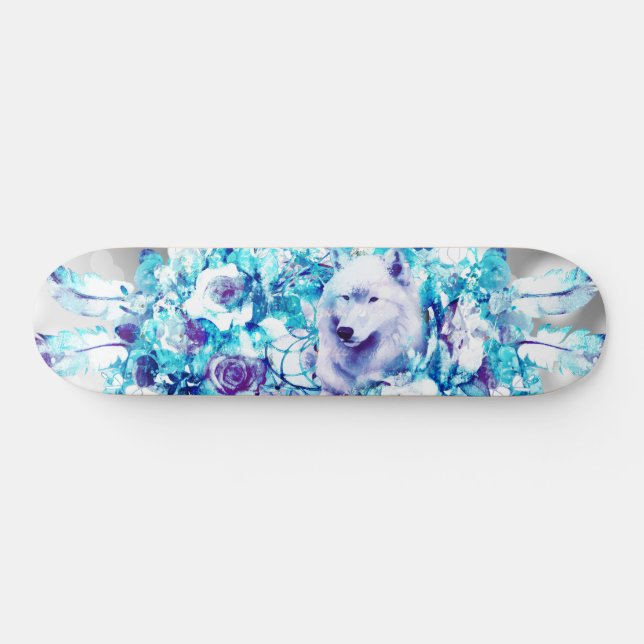 White Wolf Dreamcatcher Lila Blue Floral Skateboard (Horizontal)