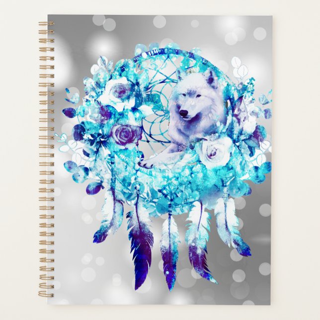 White Wolf Dreamcatcher Purple Blue Floral Planer (Vorderseite)