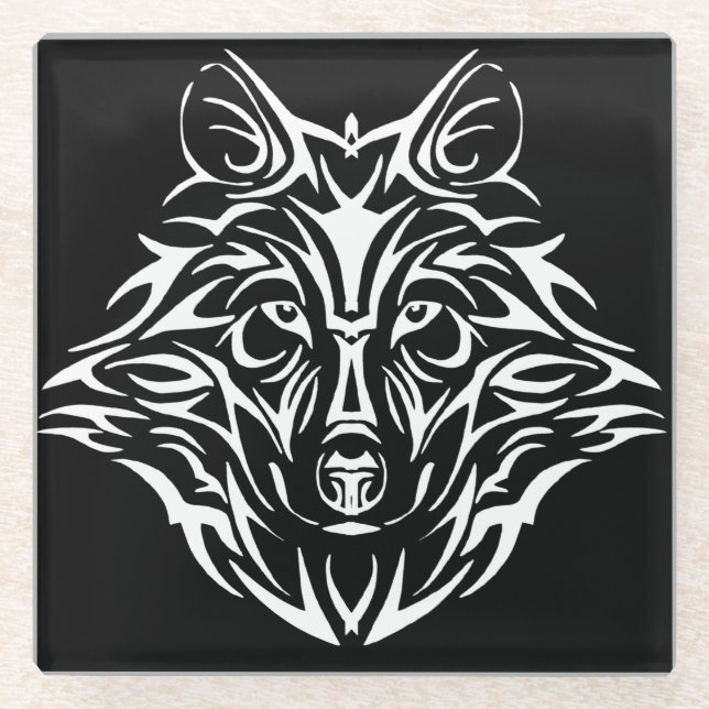 White Wolf Head auf Black  Glasuntersetzer (Vorderseite)