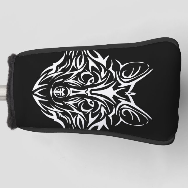 White Wolf Head auf Black  Golf Headcover (Vorderseite)
