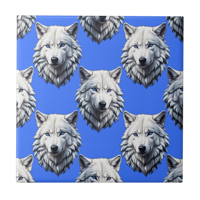 White Wolf Head Muster Design Blau Fliese (Vorderseite)