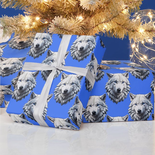 White Wolf Head Muster Design Blau Geschenkpapier (Von Creator hochgeladen)