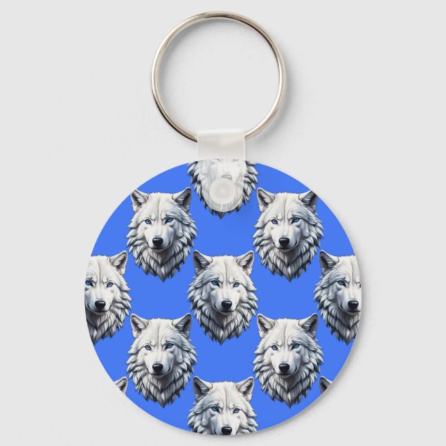 White Wolf Head Muster Design Blau Schlüsselanhänger (Vorderseite)