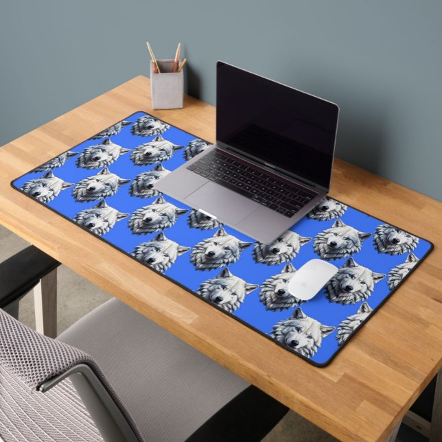 White Wolf Head Muster Design Blau Schreibtischunterlage (Von Creator hochgeladen)