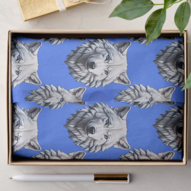 White Wolf Head Muster Design Blau Seidenpapier (Von Creator hochgeladen)