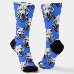 White Wolf Head Muster Design Blau Socken