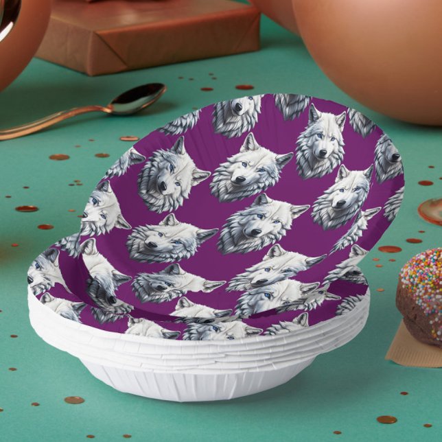 White Wolf Head Pattern Design Purple  Pappteller (Von Creator hochgeladen)