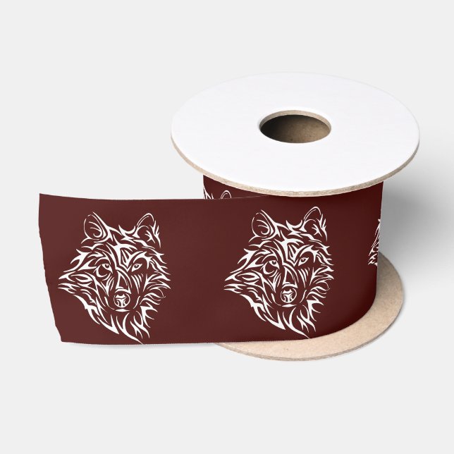 White Wolf Kopf auf Blut rot Satinband (Spule)