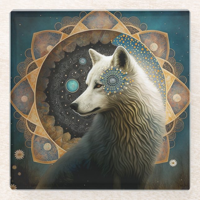 White Wolf Mandala Glasuntersetzer (Vorderseite)