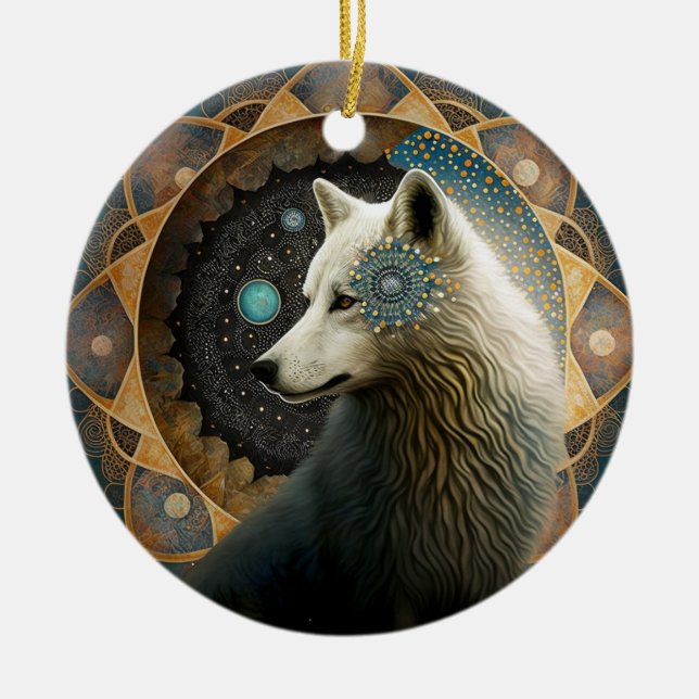 White Wolf Mandala Keramik Ornament (Vorne)