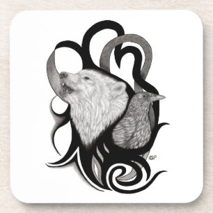 White Wolf mit Raven Tribal Art Getränkeuntersetzer