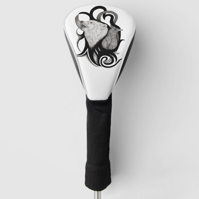 White Wolf mit Raven Tribal Art Golf Headcover (Vorderseite)