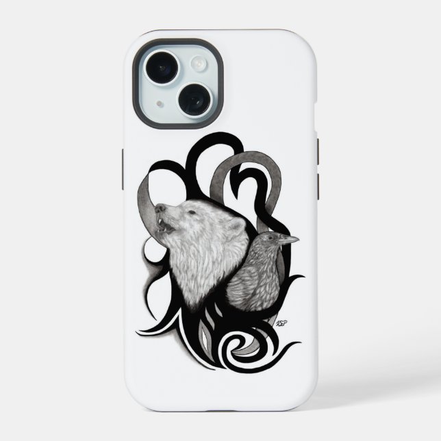 White Wolf mit Raven Tribal Art iPhone 15 Hülle (Rückseite)