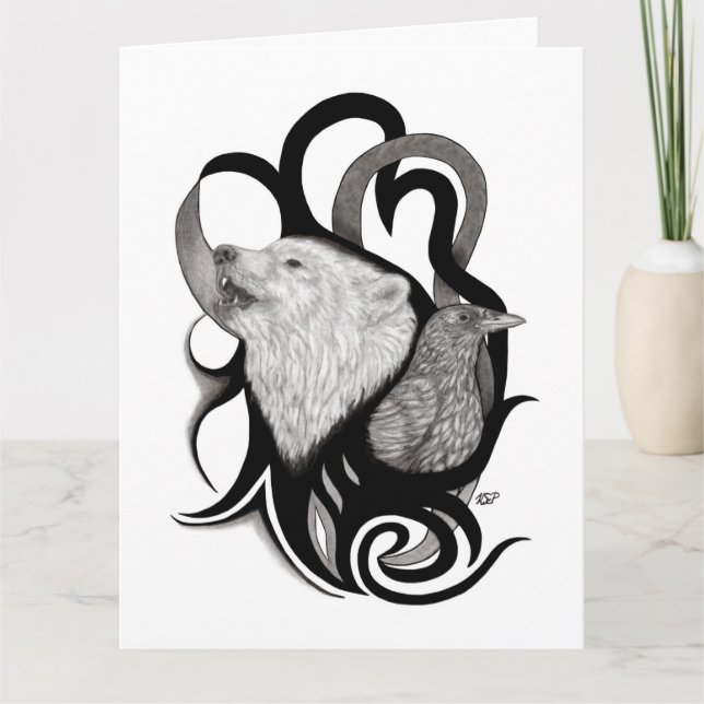 White Wolf mit Raven Tribal Art Karte (Vorderseite)