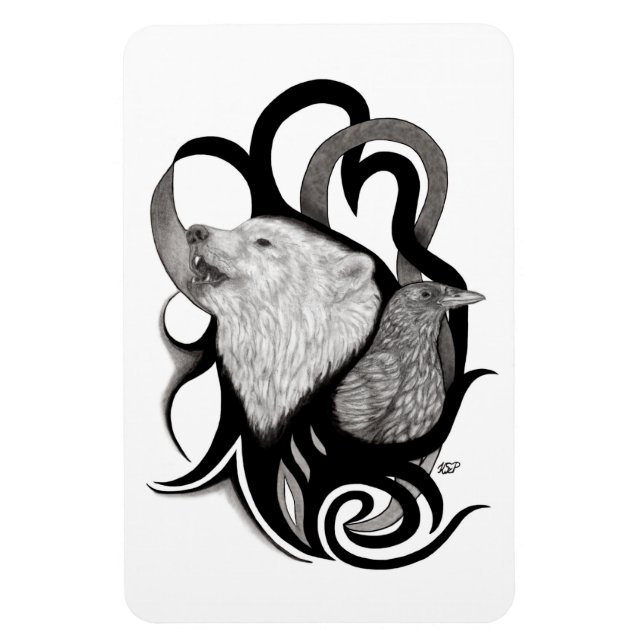 White Wolf mit Raven Tribal Art Magnet (Vertikal)