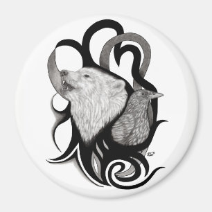 White Wolf mit Raven Tribal Art Magnet