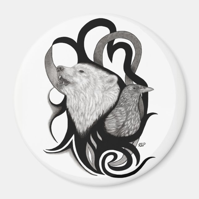 White Wolf mit Raven Tribal Art Magnet (Vorne)