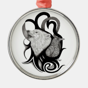 White Wolf mit Raven Tribal Art Ornament Aus Metall
