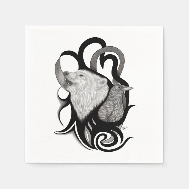 White Wolf mit Raven Tribal Art Serviette (Vorderseite)