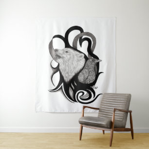 White Wolf mit Raven Tribal Art Wandteppich