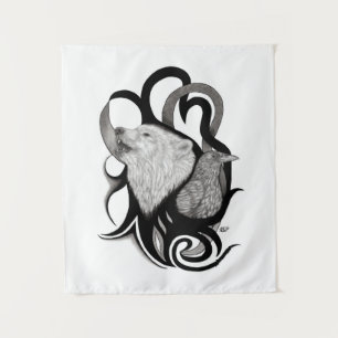 White Wolf mit Raven Tribal Art Wandteppich