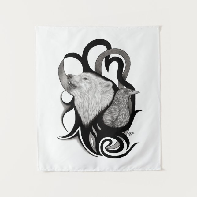 White Wolf mit Raven Tribal Art Wandteppich (Vorderseite)