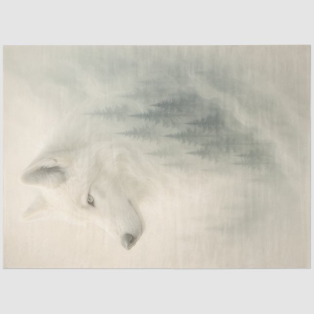White Wolf Portrait with Forest Overlay Decoupage  Seidenpapier (Vorderseite)