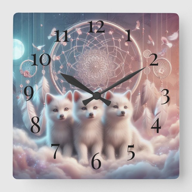 White Wolf Pups und Dreamcatcher Quadratische Wanduhr (Vorderseite)