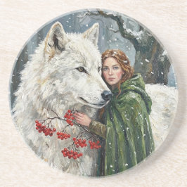 White Wolf Redhead Druid Winter Berries Fantasy Ar Getränkeuntersetzer