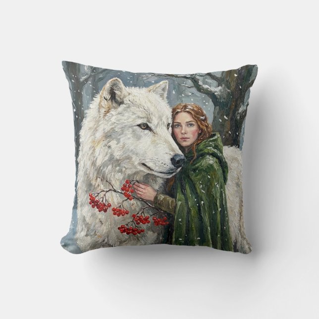 White Wolf Redhead Druid Winter Berries Fantasy Ar Kissen (Vorderseite)
