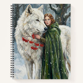 White Wolf Redhead Druid Winter Berries Fantasy Ar Notizbuch