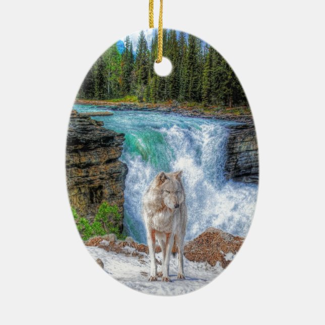 White Wolf & Rocky Mountain Wasserfall Wilhelm Tel Keramik Ornament (Hinten)
