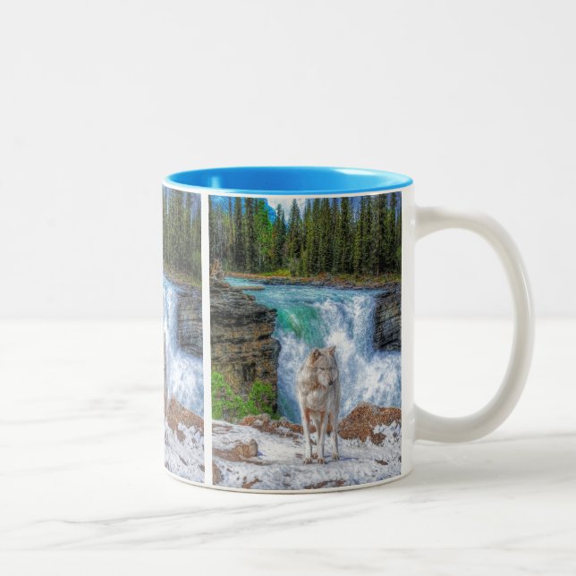 White Wolf & Rocky Mountain Wasserfall Wilhelm Tel Zweifarbige Tasse (Rechts)