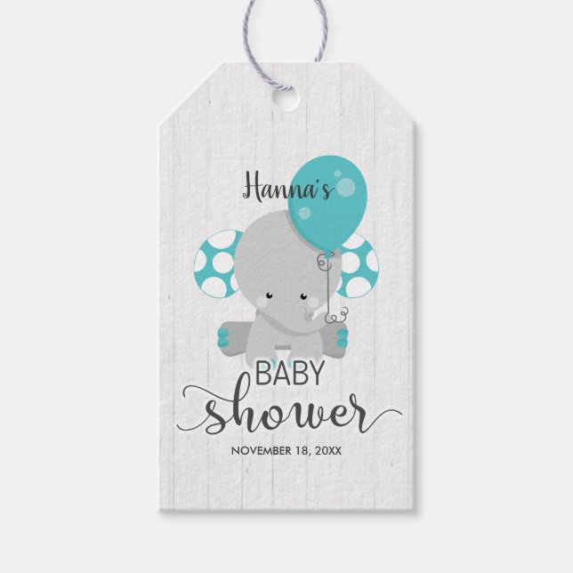 White Wood & Aquamarin Elephant Baby Dusche Vielen Geschenkanhänger (Vorderseite)