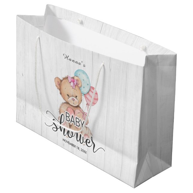 White Wood Balloons & Teddy Bear Girl Babydusche Große Geschenktüte (Vorderseite Schrägansicht)