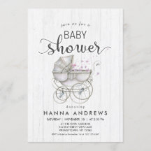 White Wood & Carriage Girl Kinderdusche Einladung