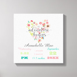 White Wood Chic Floral Heart Baby Girl Birth Stats Leinwanddruck