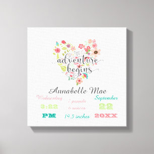 White Wood Chic Floral Heart Baby Girl Birth Stats Leinwanddruck