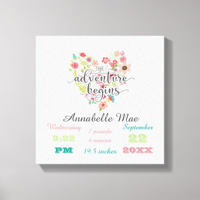 White Wood Chic Floral Heart Baby Girl Birth Stats Leinwanddruck (Vorderseite)