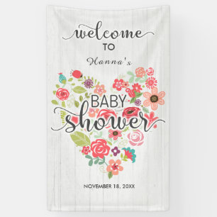 White Wood Floral Heart Girl Babydusche Willkommen Banner