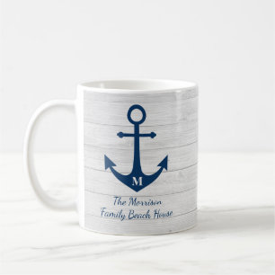 White Wood Monogram Beach House Anchor Family Kaffeetasse