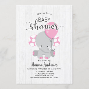White Wood Pink Elephant Baby Dusche Einladung