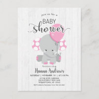 White Wood Pink Elephant Baby Dusche Einladung